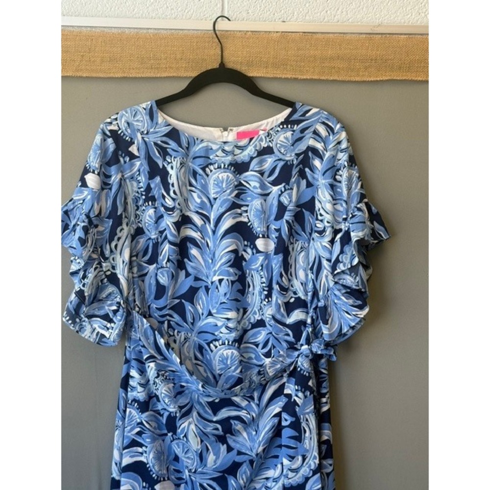 Lilly Pulitzer Cascade Ruffle Sleeve Dress 14 Navy Blue Tropical Botanical Print - Picture 3 of 12